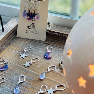 Stardust Stitch Markers - moon, star, glass stitch saver set