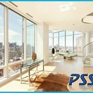 May include: A modern living room with large windows overlooking a city skyline. The room features a glass table, a white rug, and a spiral staircase. The text "PSSC Window Films Ltd" is visible in the lower right corner.