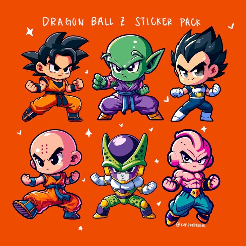 May include: An orange background features a Dragon Ball Z sticker pack. The pack includes six chibi-style characters: Goku, Piccolo, Vegeta, Krillin, Cell, and Majin Buu. Each character is in a fighting stance, with bold outlines and vibrant colors.
