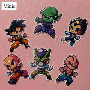 May include: A collection of six holographic stickers featuring cartoon characters from the Dragon Ball Z series. The stickers include characters like Goku, Piccolo, Vegeta, Cell, and others, all in dynamic poses. The word "Minis" is in the top left corner.
