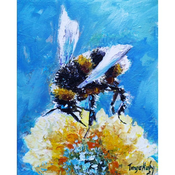 Honey Bee Painting Original Art Floral Artwork Flowers Wall Art Insect ...
