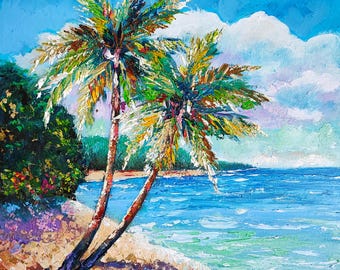 May include: An oil painting on canvas depicting two palm trees on a sandy beach by a blue ocean. The scene features thick, textured brushstrokes in shades of green, yellow, and brown for the foliage, with a bright blue sky and white clouds.