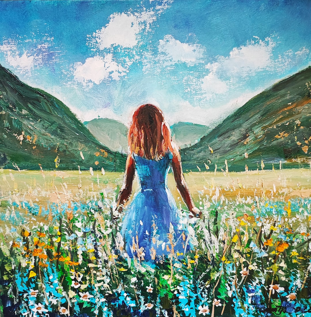 Girl in Meadow Oil Painting: Impasto Mountain Landscape Art (12x12