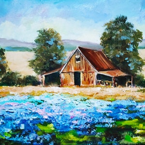 Barn Painting Landscape Original Art Texas Painting Bluebonnet Painting Impasto Oil Art by TanyaHubo