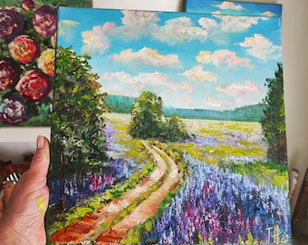 Original Lavender Landscape Oil Painting, Path Through Lavender Field, Impasto Art, 12x12