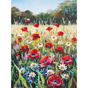 Poppy Field Original Painting Floral Artwork Flowers Painting Meadow Artwork Landscape Wall Art Impasto Art 12 by 16 inches by TanyaHubo