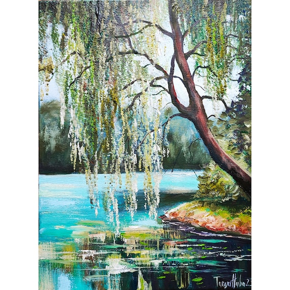 Willow Tree Oil Painting: Lake Landscape Art (12x16) by Tanyahubo