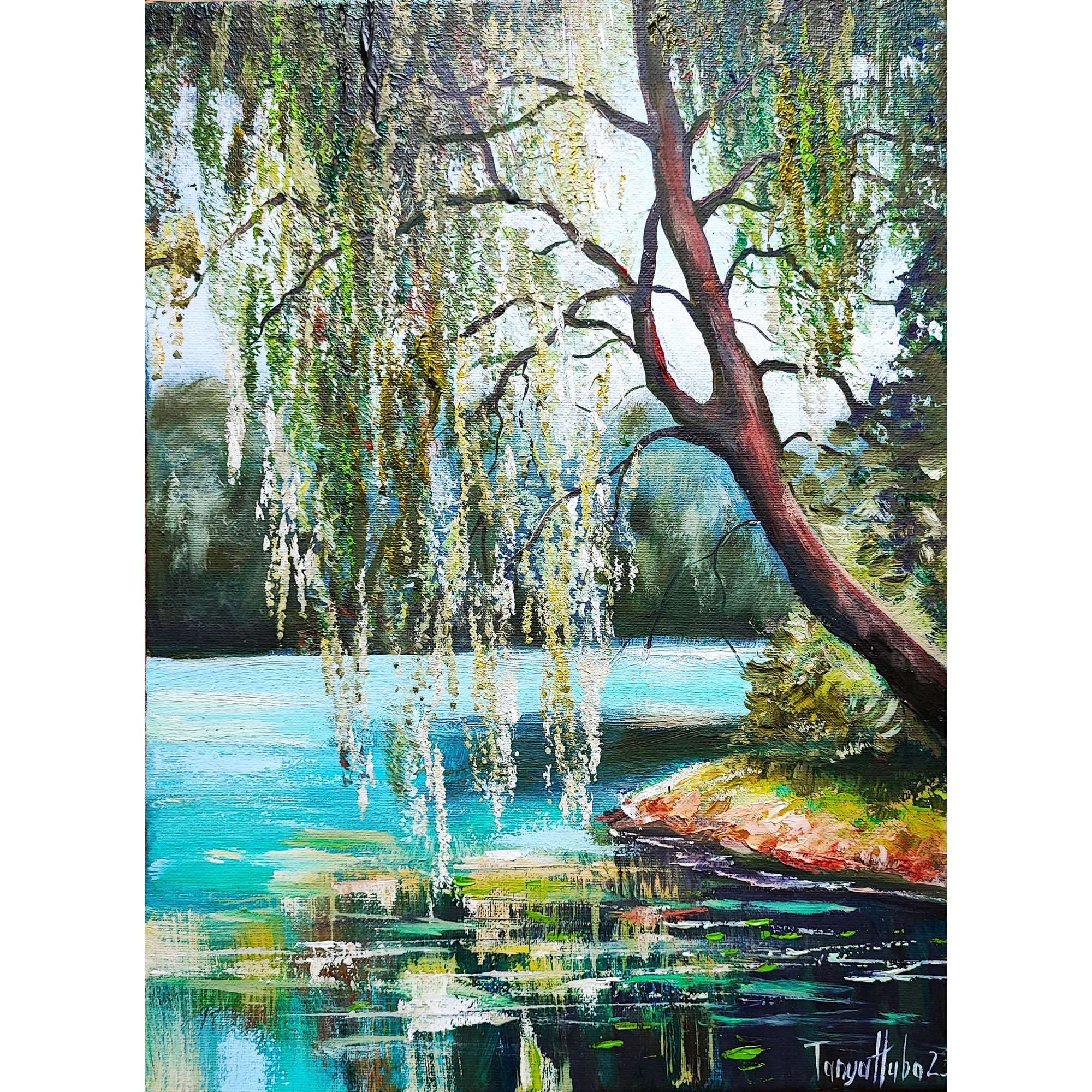 Willow Tree Oil Painting: Lake Landscape Art (12x16) by Tanyahubo