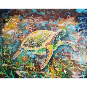 May include: An acrylic painting depicting a sea turtle in an underwater scene. The turtle's shell is patterned in yellow and green. The background features blue, brown, and green colours, evoking an ocean setting. The artwork is signed in the bottom right corner.