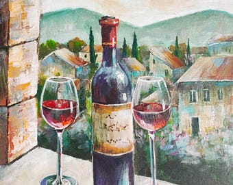 Original Oil Painting Wine Bottle – Italian Landscape Still Life, 12x12 Canvas, by Tanya Hubo
