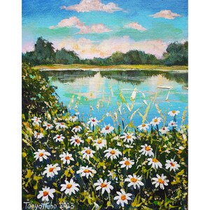 Daisies Painting Original Oil Art Landscape Artwork River Painting Floral Wall Art 10&quot; by 12&quot; by TanyaHubo