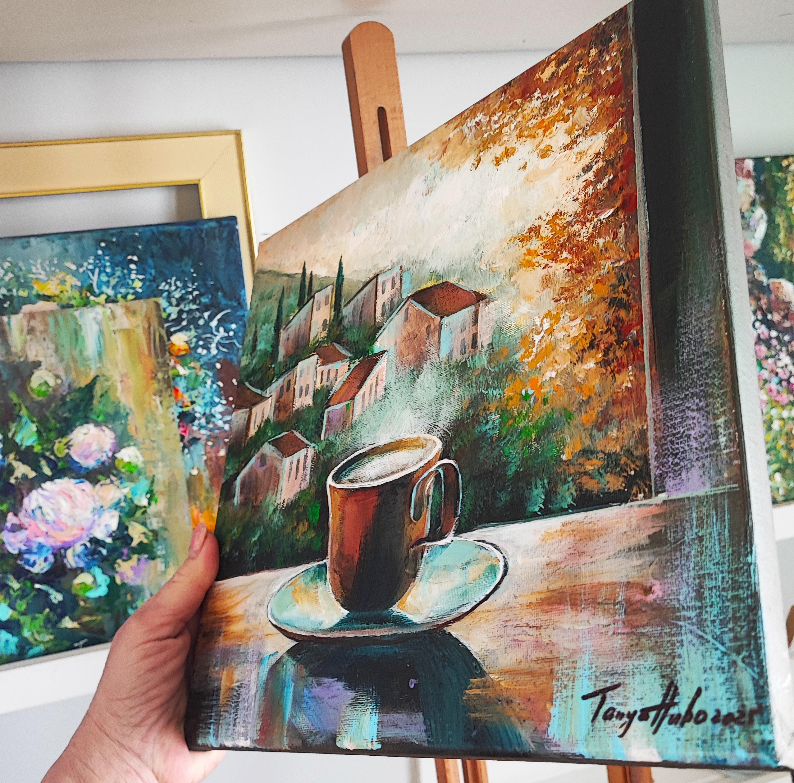 Original Coffee Cup Painting: Italian Landscape Still Life