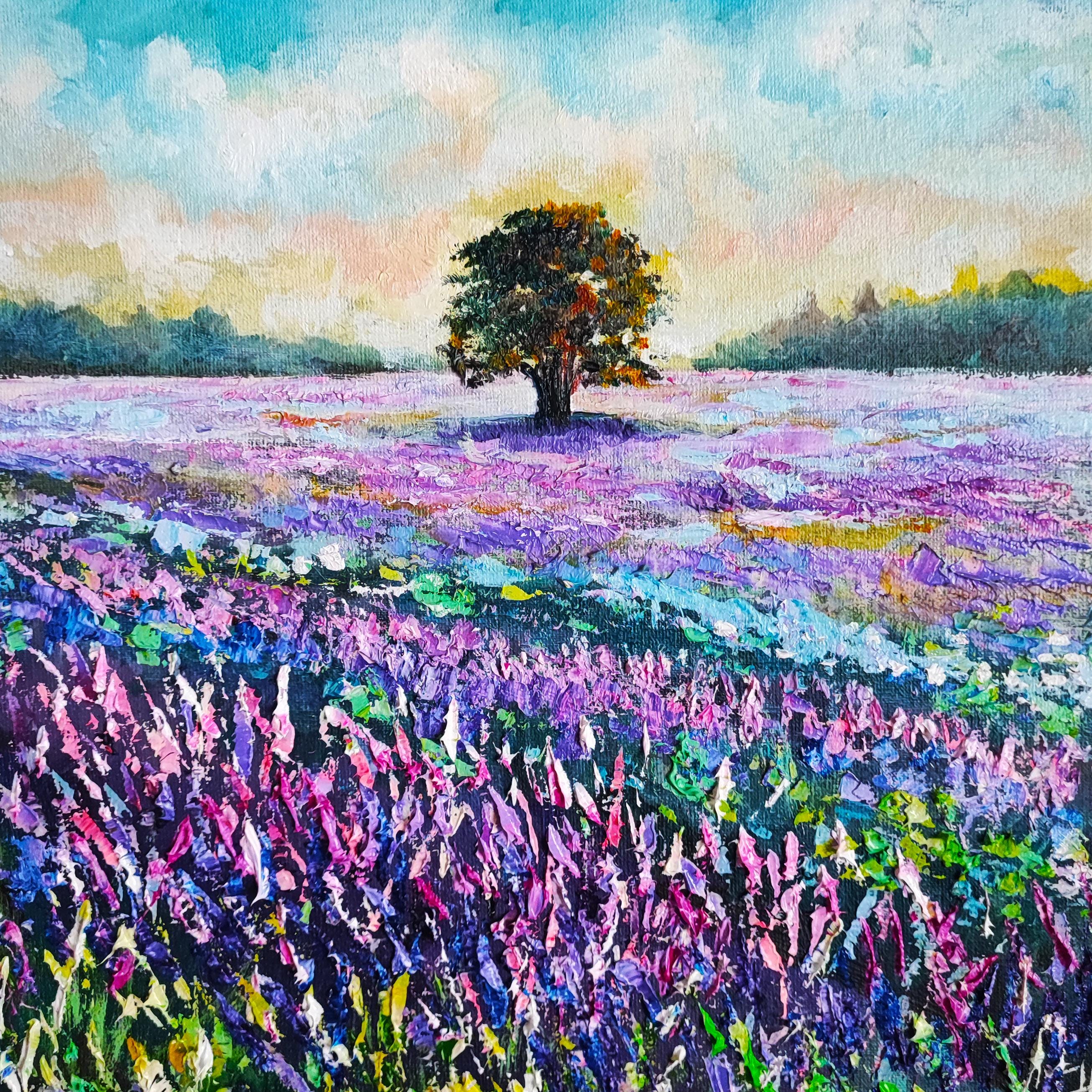 Lavender Field Painting: Original Impasto Oil Landscape Art (12x12