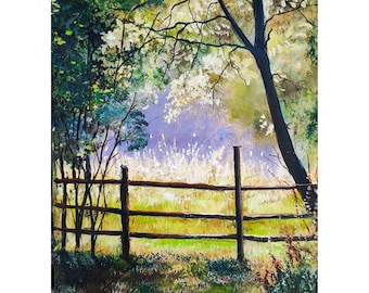 May include: An oil painting depicting a wooden fence spanning a grassy field under a canopy of trees. The scene features vibrant green foliage, a dark tree trunk on the right, and a soft, light-filled background. The artist's signature T. Hubo 2023 is visible.