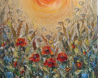 Sunrise on the Meadow Painting Original Art Poppy Painting Floral Wall Art Impasto Oil Art Canvas by TanyaHubo