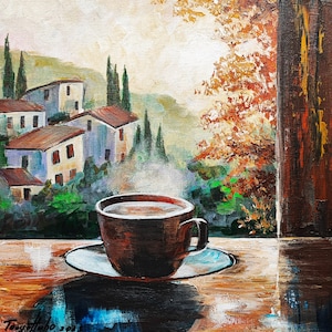 Cup of Coffee Painting Original Art Kitchen Wall Art Food Stil Life Italy Wall Art 12&quot; by 12&quot;  by TanyaHub
