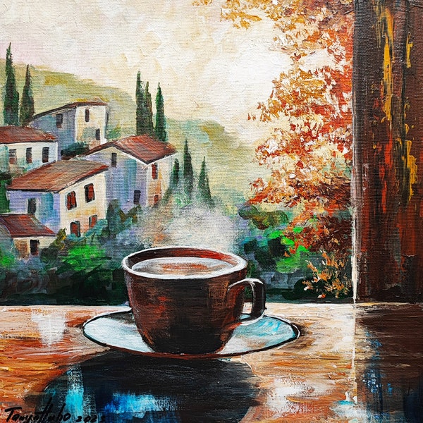 Cup of Coffee Painting Original Art Kitchen Wall Art Food Stil Life Italy Wall Art Art  by TanyaHub