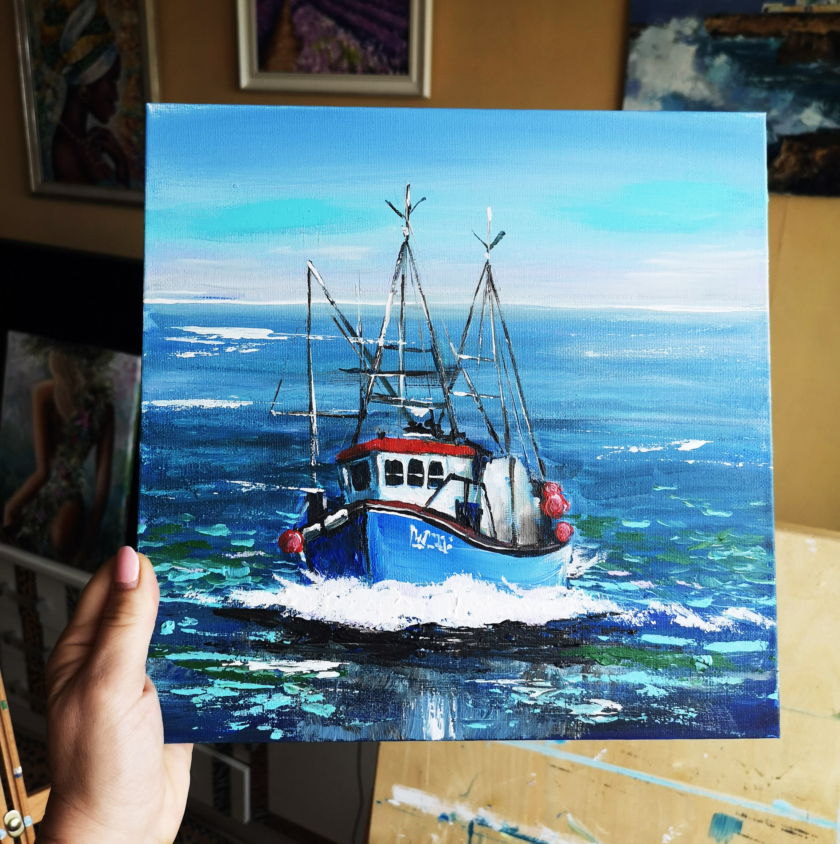 Fishing Boat Painting Original Painting Seascape Artwork Ocean