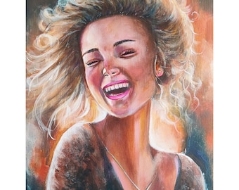 Original Laughing Woman Acrylic Painting, Joyful Female Portrait, Expressive Wall Art, 16"x20"