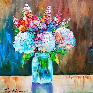 Wildflowers Painting Original Artwork Hydrangeas Painting  Floral Wall Art Impasto Oil Art 12&quot; by 12&quot; by TanyaHubo
