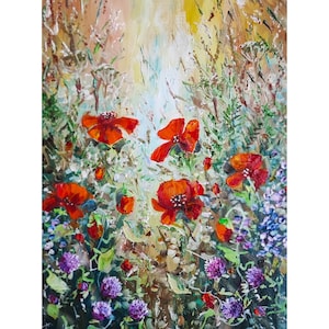 Poppy Field Original Oil Painting Wildflowers Artwork Flowers Painting Meadow Artwork Impasto Oil Art 12 by 16 inches by TanyaHubo