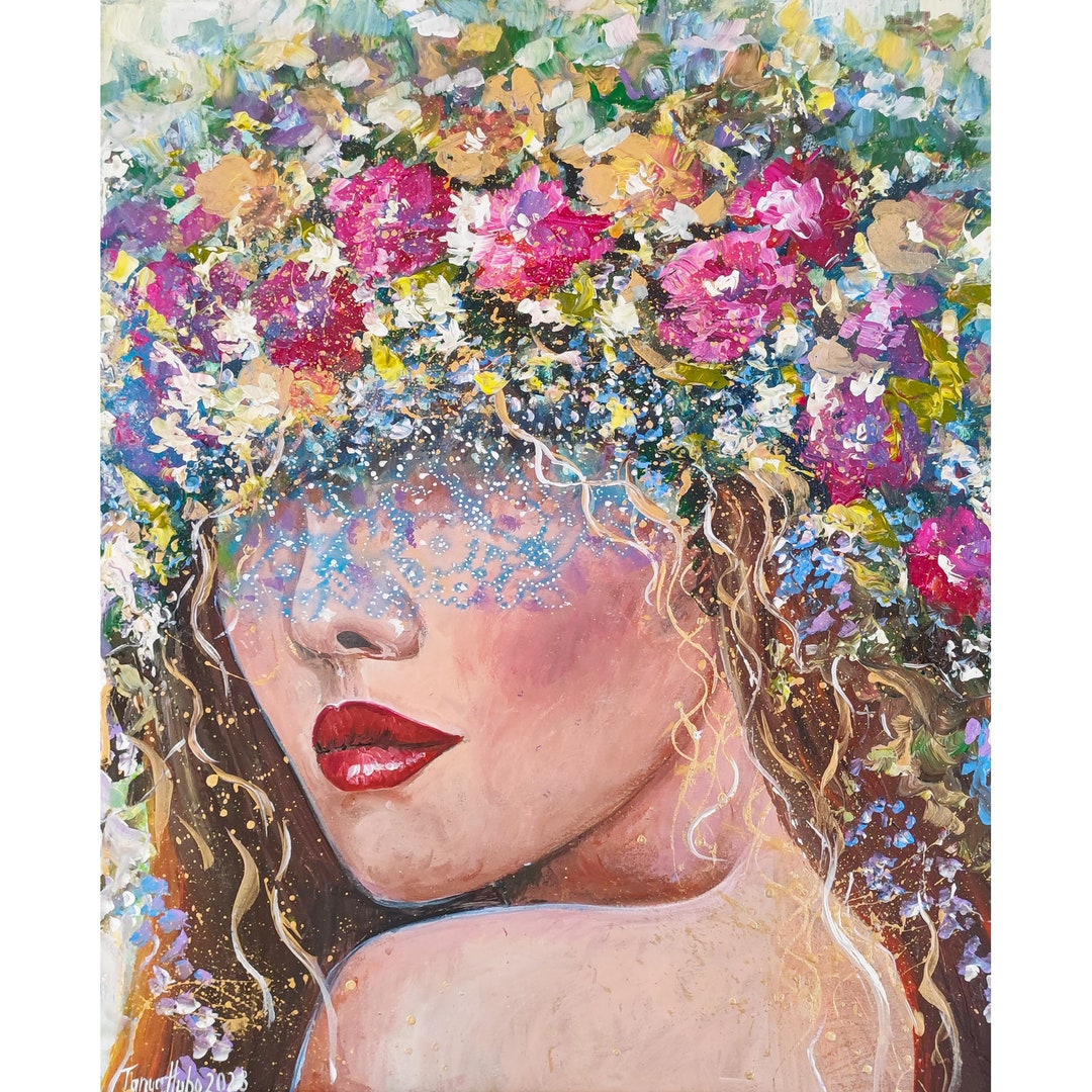 Portrait Woman Painting Original Art Floral Girl Artwork - Etsy