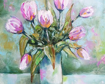 Original Oil Painting Tulips Floral Still Life Pink Flower Canvas Art (12" x 12")