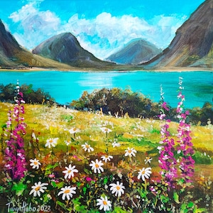 Daisies Original Painting Landscape Artwork Mountain Painting Floral Wall Art Meadow Painting 12&#39; by 12&#39; by TanyaHubo