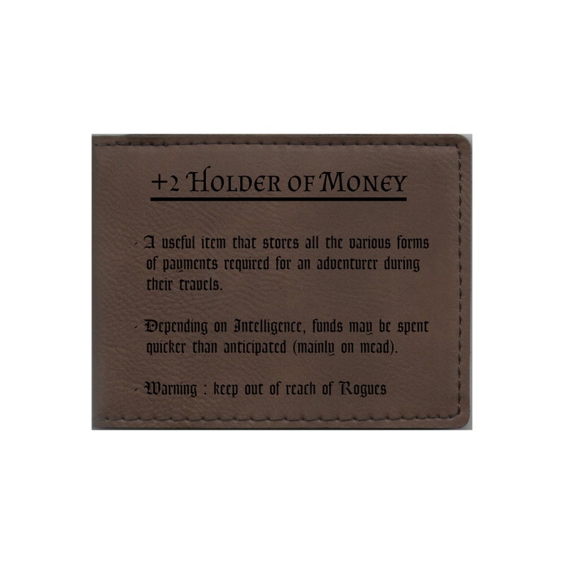 May include: A brown leather wallet with the text "+2 Holder of Money" and a description of its use in a fantasy game setting.