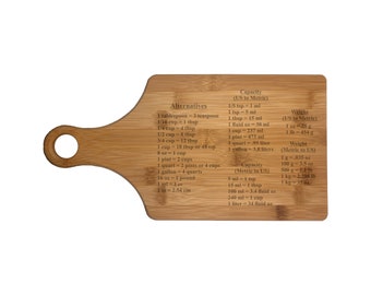 Engraved Cutting Board Paddle Shaped - Cooking Measurements Conversions - Wood - Cooking Gift