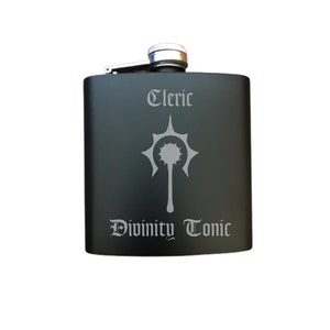 D&D Gift Flask, Cleric Divinity Tonic Engraved 6oz Stainless Steel Drinking Flask, Nerdy Gifts, Dungeons Dragon DND