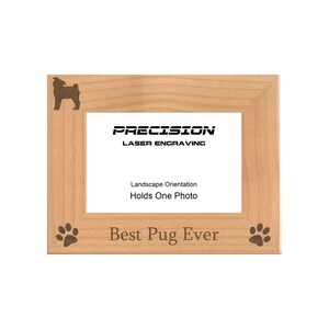 Engraved Natural Wood Pug Photo Frame, Dog Lover Gift, Tabletop Wall Display