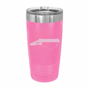 North Carolina Tumbler, Themed State Pride 20 or 30 ounce Stainless Steel Travel Mug with Lid, United States, Birthday, Christmas Present 20 oz Pink