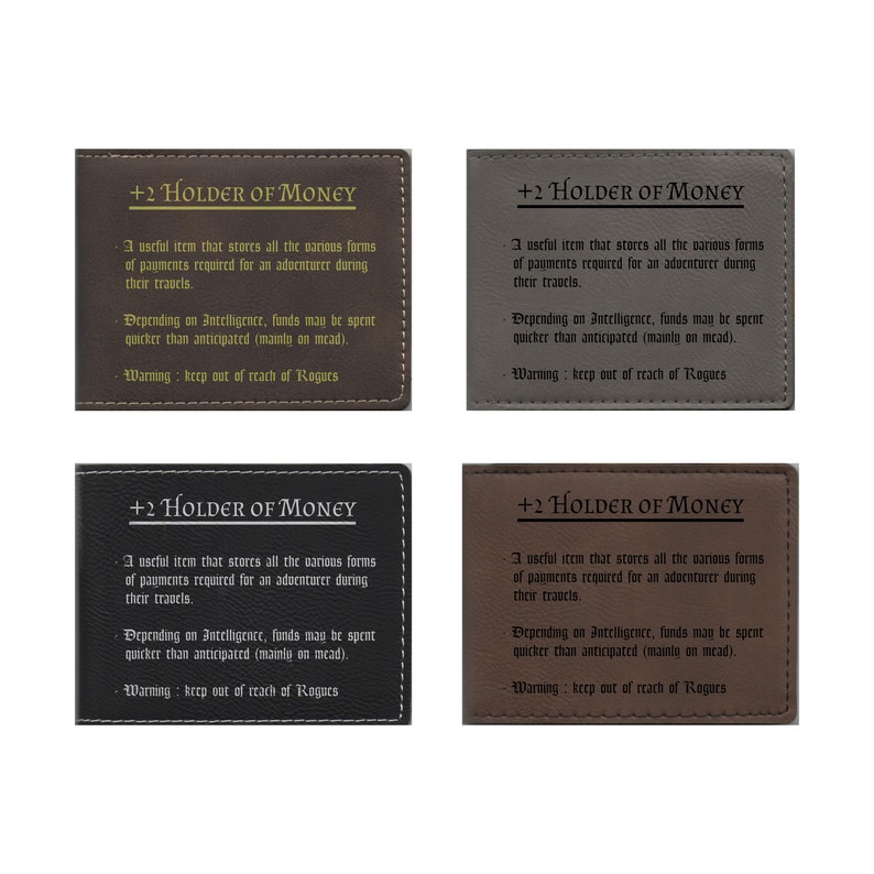 May include: Four brown leather wallet-sized cards with stitched edges. Each card has the text "+2 Holder of Money" and a description of the item. The text is in a gold color.