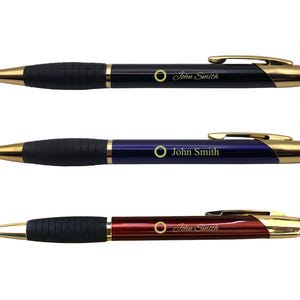 May include: Three pens with black rubber grips and gold accents. The pens are black, blue, and red. Each pen has a gold circle with a line through it and the name "John Smith" engraved on the barrel.
