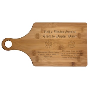 D&D Gifts, Wisdom Check Critical Rolls Engraved Natural Wood Paddle Shaped Cutting Board, Dungeons Dragons, DND, Cooking Gift