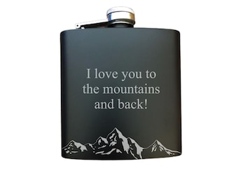 Personalized Mountain Range Engraved Steel Flask - Custom Text - Outdoors, Drinking Gift