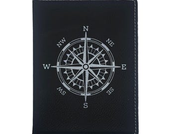 Porta pasaporte con rosa de los vientos grabada en piel sintética, accesorios de viaje