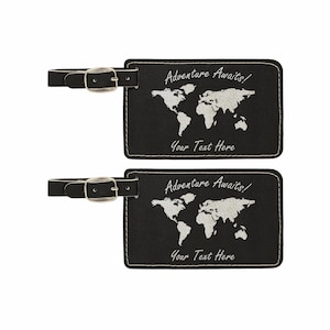 Custom Luggage Tags, Personalized Adventure Awaits World Map With Your Text, 2 pack Engraved Leatherette Black or Pink, Travel Gifts