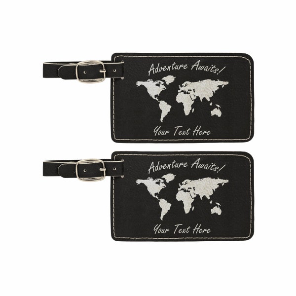 Personalized Luggage Tags Adventure Awaits World Map With Custom Text Travel Gifts Accessories 2 pack Engraved Leatherette Black or Pink