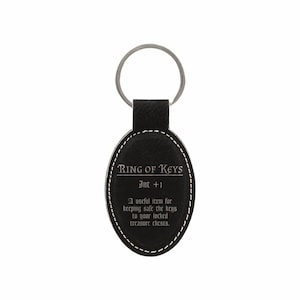 May include: Black leather keychain with an oval tag that reads "RING OF KEYS Int +1 A useful item for keeping safe the keys to your locked treasure chests."