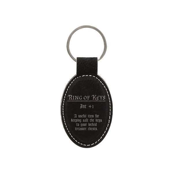 D&D Gifts Ring of Keys Funny Item Description Engraved Leatherette Keychain for Men Women Oval Key Tag Ring Holder dnd Dungeons Dragons