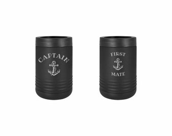 Boating Gifts Captain First Mate with Anchor Insulated Stainless Steel Beverage Holder Combo Pack Engraved Can Bottle Holder