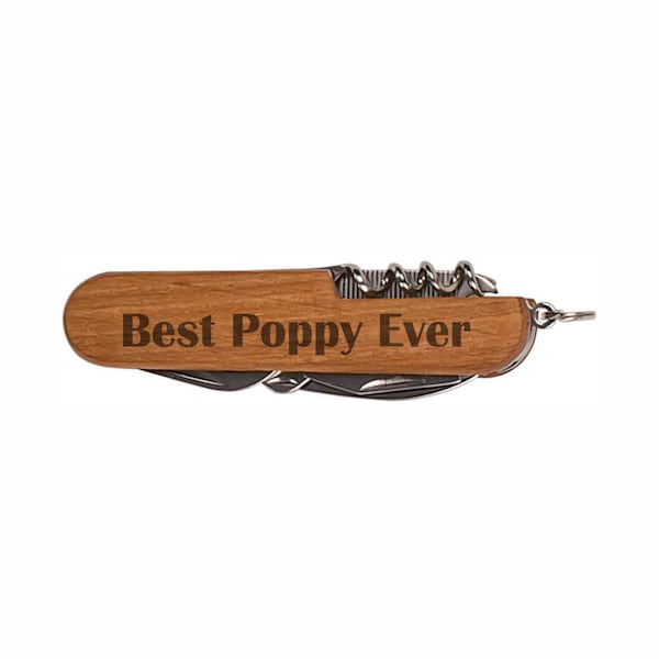 Grandpa Gifts Best Poppy Ever Wooden 8-Function Multi-Tool Pocket Knife Laser Engraved Dark Wood Folding Knife, Fathers Day, Christmas