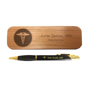 Personalized Medical Field Engraved Coated Brass Pen with Case - Caduceus Symbol with Custom Text - Doctor, Nurse Gift