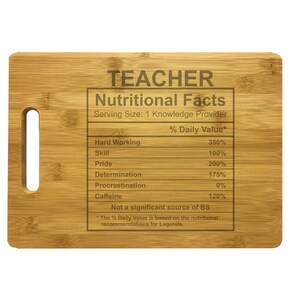 Teacher Appreciation Gifts, Teacher Nutritional Facts Engraved Natural Wood Cutting Board, Bamboo or Maple Kitchen Decor