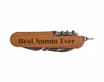 Grandpa Gifts Best Nonno Ever Cuchillo de bolsillo multifunción de madera con 8 funciones, cuchillo plegable de madera oscura grabado con láser, Día del Padre, Navidad