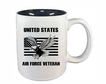 US Air Force Veteran Coffee Mug, Laser Engraved Ceramic Teacup, Black White  or Silver