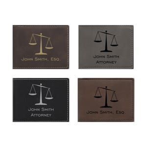 Lawyer Attorney Gifts, Engraved Leatherette Wallet with Scales of Justice and Custom Text, Graduation Gifts