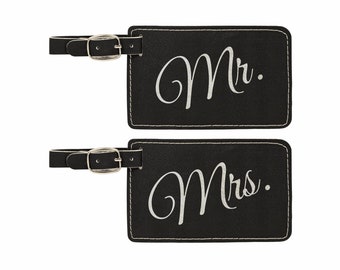 Etiquetas para equipaje de cuero sintético grabadas con láser Mr. & Mrs., juego de 2, negras o rosas, accesorios de viaje